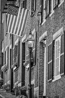 Historic Brick Street with American Flag Photograph