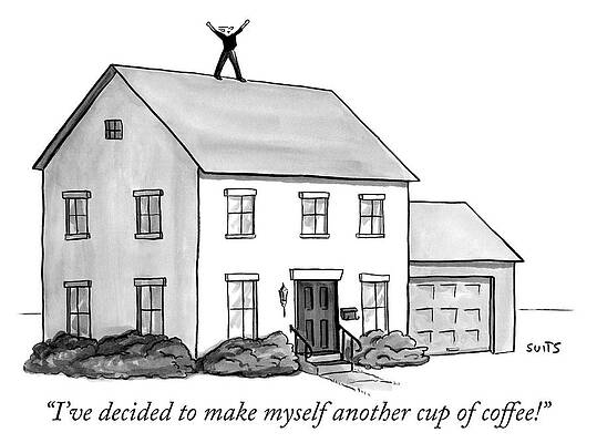 Man on Roof Contemplating Coffee Drawing