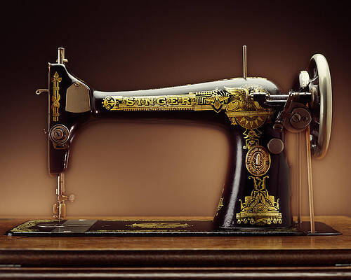 Vintage Sewing Machine with Gold Details Wall Art