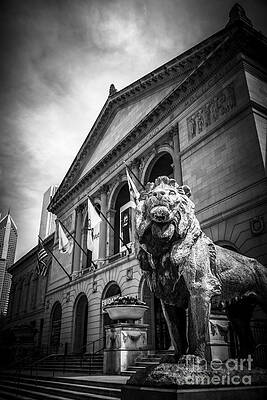 Illinois Wall Art featuring the photograph Art Institute Of Chicago Lion Statue In Black And White by Paul Velgos