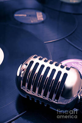 Retro Microphone with Vinyl Records Wall Art