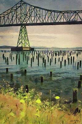 Wall Art featuring the painting Astoria Waterfront, Scene 3 - Pier Posts Under The Bridge by Jeffrey Kolker