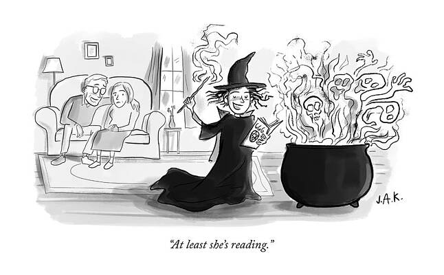 Halloween Wall Art featuring the drawing At Least She Is Reading by Jason Adam Katzenstein
