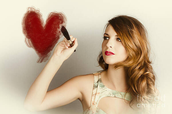 Wall Art featuring the digital art Beautiful Retro Girl Painting Red Love Heart by Jorgo Photography