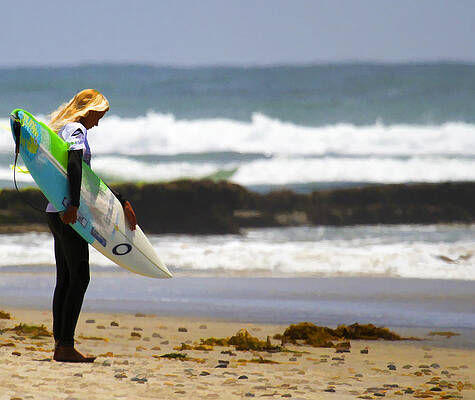 San Diego Wall Art featuring the digital art Blonde Surfer Girl Taking A Moment by Waterdancer