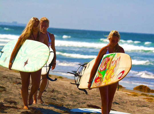 San Diego Wall Art featuring the digital art Blonde Surfer Girls by Waterdancer