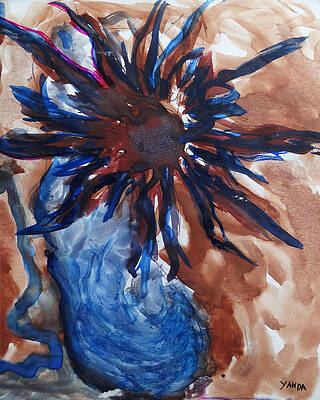 Wall Art featuring the mixed media Blue Vase Flower Of The Sun by Katt Yanda