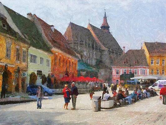 Busy European Town Square Scene Wall Art