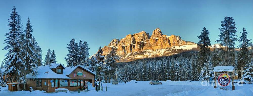Snowy Cabin and Mountain Sunrise Wall Art