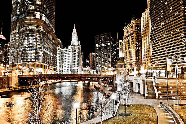 Illinois Wall Art featuring the photograph Chicago At Night At Wabash Avenue Bridge by Paul Velgos