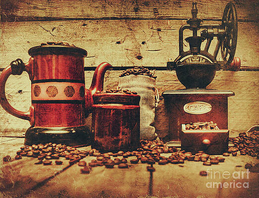 Wall Art featuring the photograph Coffee Bean Grinder Beside Old Pot by Jorgo Photography