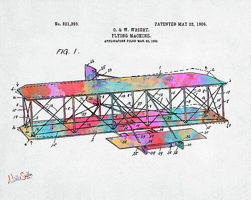 Pilot Digital Art - Colorful 1906 Wright Brothers Flying Machine Patent by Nikki Marie Smith