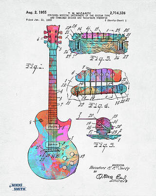 Music Digital Art - Colorful 1955 McCarty Gibson Les Paul Guitar Patent Artwork by Nikki Marie Smith