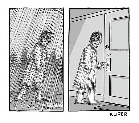 Rain Wall Art featuring the drawing Coming In From The Rain by Peter Kuper