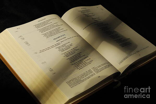 Close Up Photograph - Crucifix Shadow On French Holy Bible by Sami Sarkis Photography