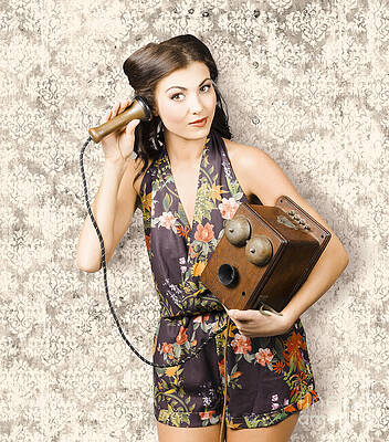 Wall Art featuring the photograph Cute Housewife In 50s Style On Vintage Phone by Jorgo Photography