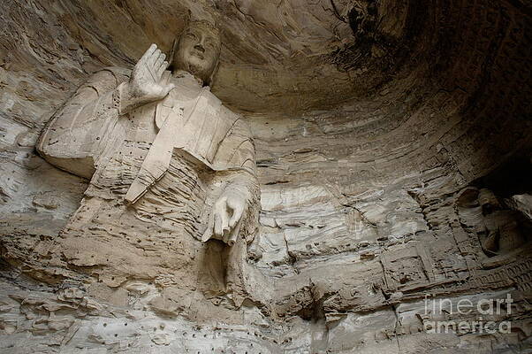 Wall Art featuring the photograph Damaged Buddha Statue Carved Inside The Ancient Yungang Grottoes by Sami Sarkis Photography