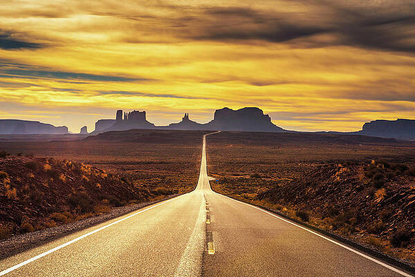 Sky Photograph - Desert Road Leading To Monument Valley At Sunset by Miroslav Liska