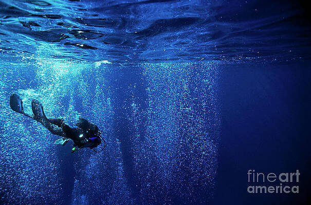 France Photograph - Diver Near The Surface Swimming Towards A Wall Of Bubbles by Sami Sarkis Photography