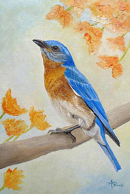 Wildlife Painting - Eastern Bluebird Among Flowers by Angeles M Pomata