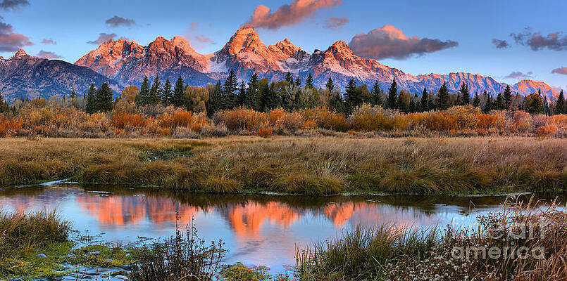 Sunrise Wall Art featuring the photograph Fall Teton Tip Reflections by Adam Jewell