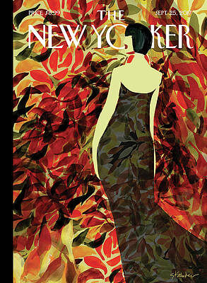 Elegant Woman Amidst Autumn Leaves Drawing