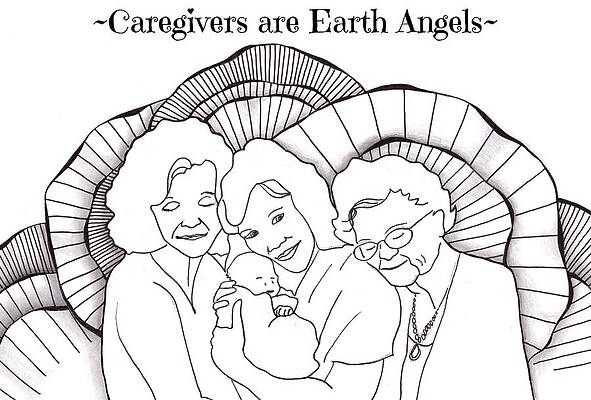 Carer Wall Art featuring the drawing Four Generation Hug - Caregivers Are Earth Angels by Jan Steinle
