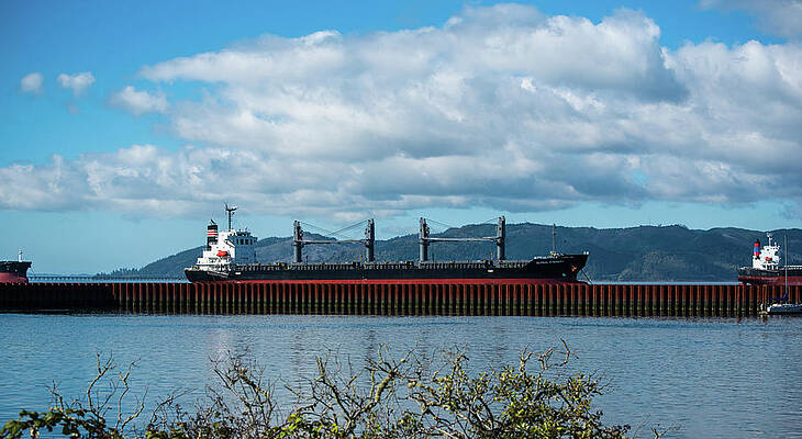 Fall Wall Art featuring the photograph Freighter Parade And Sea Wall by Tom Cochran