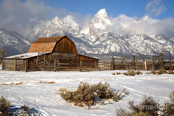 Snowy Barn with Mountain Backdrop Wall Art
