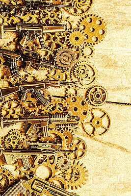 Gears Intertwined with Metallic Weapons Wall Art