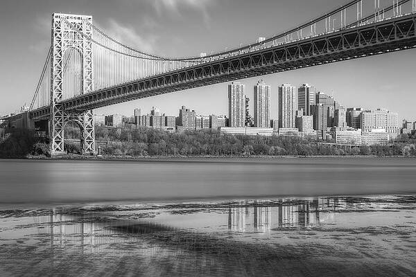 Nyc Wall Art featuring the photograph George Washington Bridge NYC Reflections BW by Susan Candelario