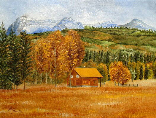 Cabin in Autumn Landscape Painting
