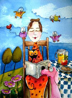 Grandma Reading with Stressie Cat and Pink Dog Wall Art