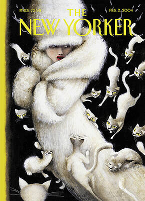 Woman Surrounded by White Cats Painting