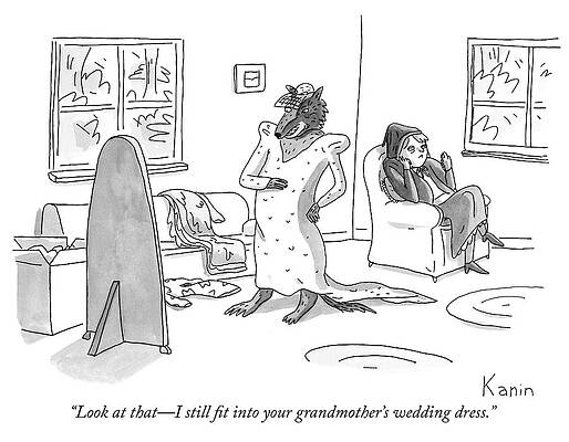 Humorous Scene with a Wolf in a Dress Drawing