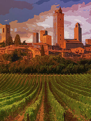 Landscape Painting - Italy, Sunset On San Gimignano by AM FineArtPrints