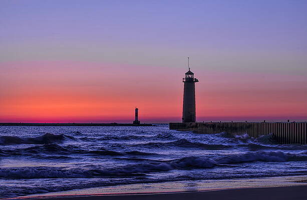 Wis Photograph - Kenosha Lighthouse Blue Waves by Dale Kauzlaric
