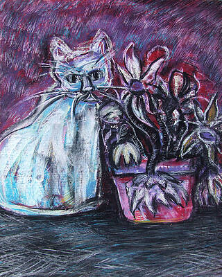 Pastel Wall Art featuring the pastel Kitty With Flowers by Katt Yanda
