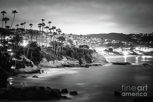 California Wall Art featuring the photograph Laguna Beach At Night Black And White Picture by Paul Velgos