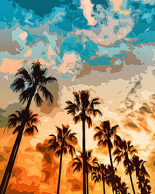 Malibu Beach Sunset with Palm Trees Painting