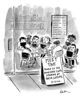 4 Wall Art featuring the drawing Meet The People In The Bookstore Cafe by Mary Lawton