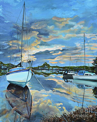 Painting - Nestled In For The Night At Mylor Bridge - Cornwall UK - Sailboat by Jan Dappen