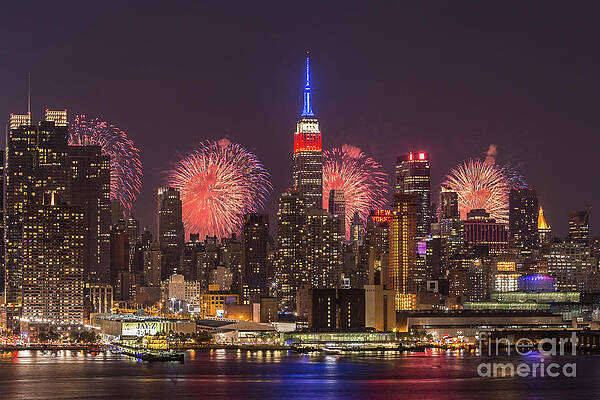 Wall Art featuring the photograph New York City Skyline And Fireworks I by Clarence Holmes