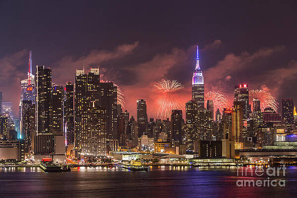 Wall Art featuring the photograph New York City Skyline And Fireworks III by Clarence Holmes