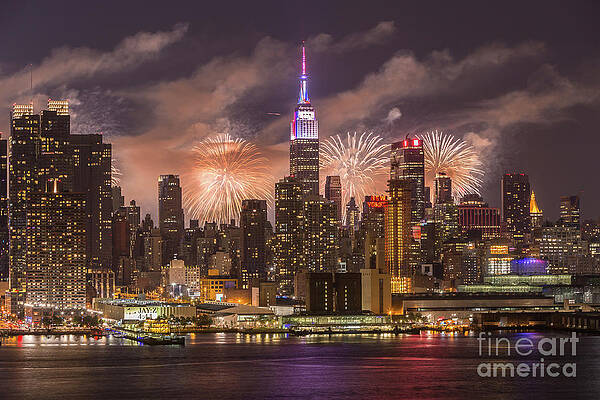 Wall Art featuring the photograph New York City Skyline And Fireworks IV by Clarence Holmes