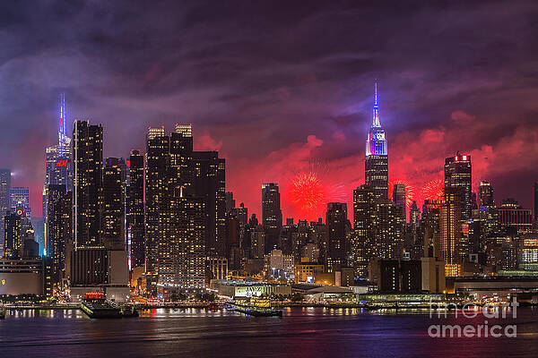 Wall Art featuring the photograph New York City Skyline And Fireworks V by Clarence Holmes