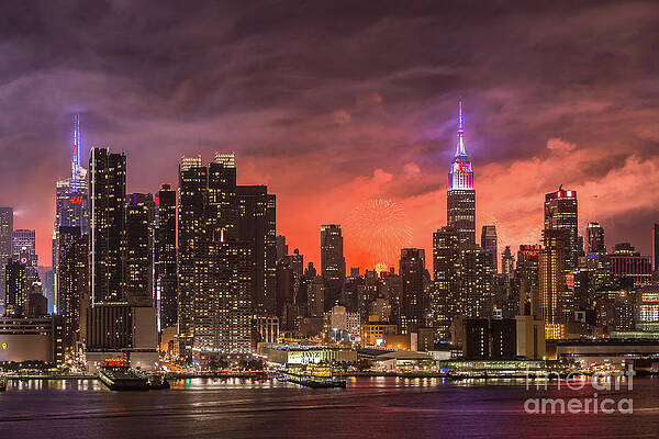 Wall Art featuring the photograph New York City Skyline And Fireworks VI by Clarence Holmes