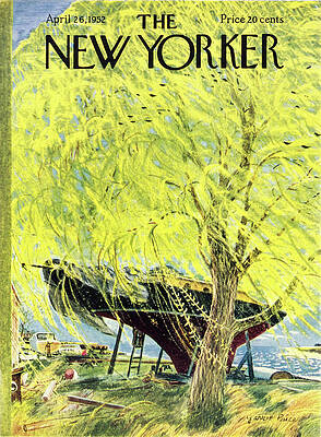 Vintage New Yorker Cover with Tree and Boat Painting