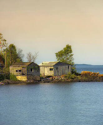 Rustic Lakeside Cabins at Sunset Wall Art