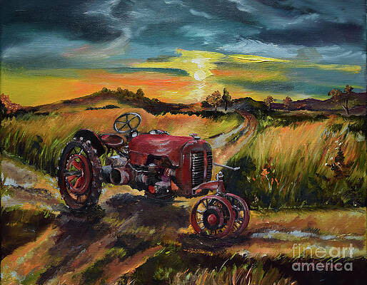 Painting - Old Red At Sunset - Tractor by Jan Dappen